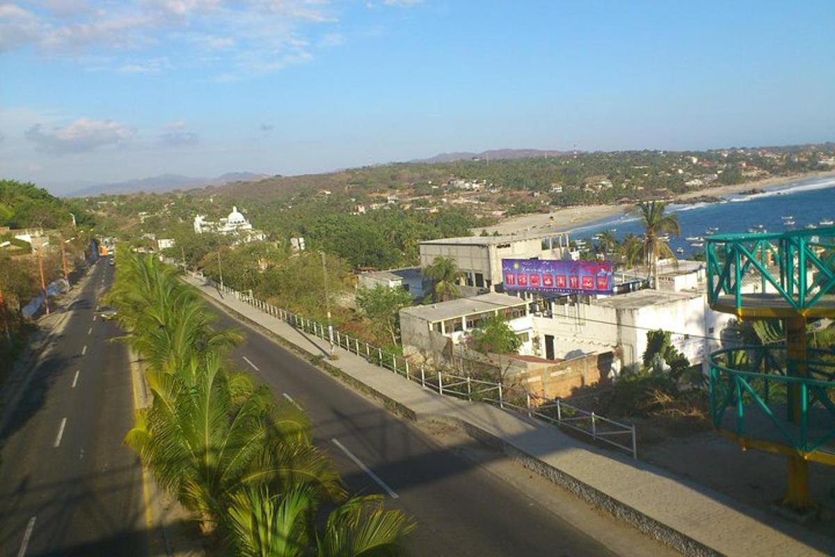 a view of a street with palm trees and the ocean