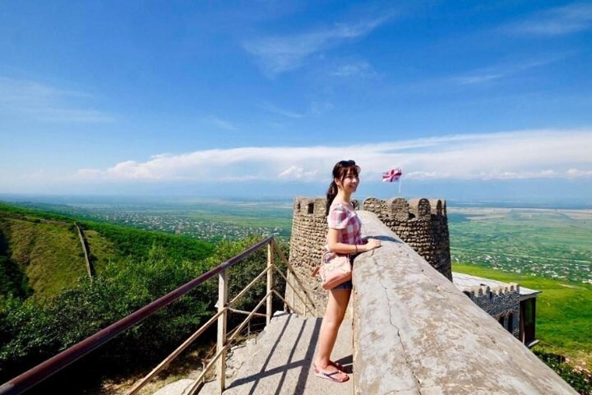 uma mulher parada na beira de um castelo