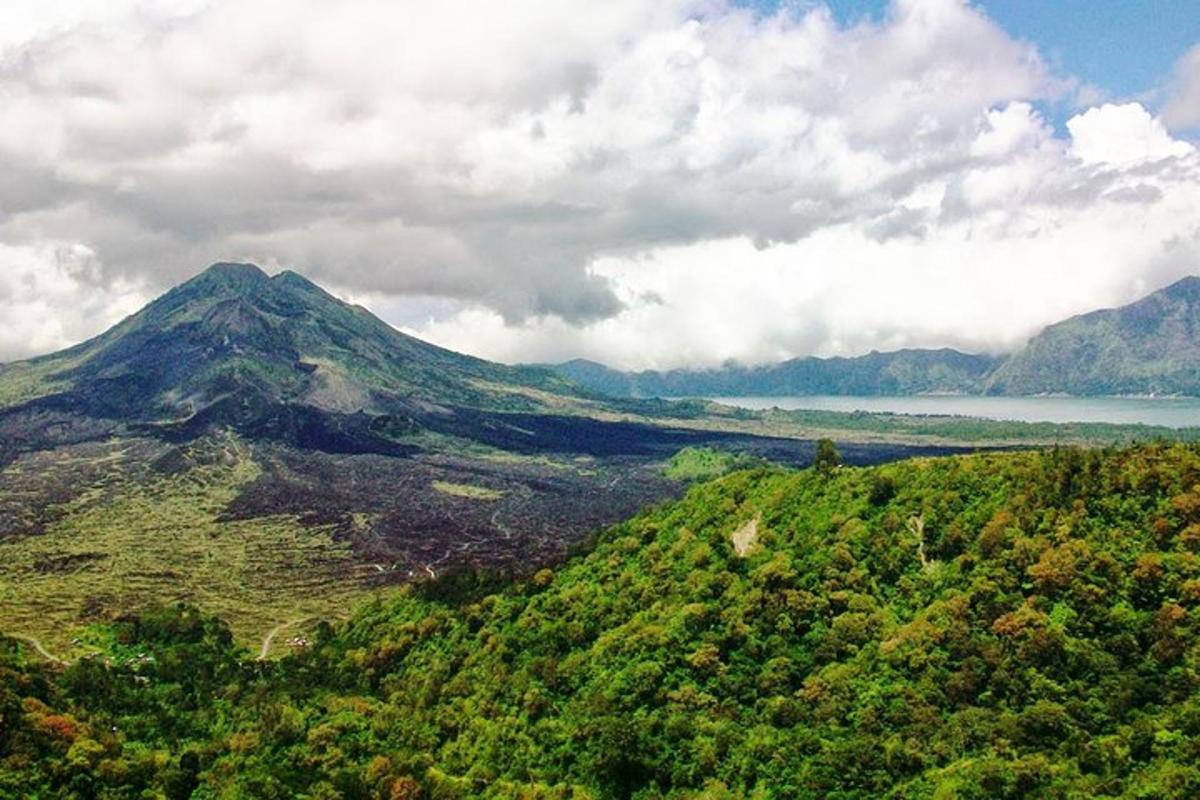a view of a hill with a mountain in the background