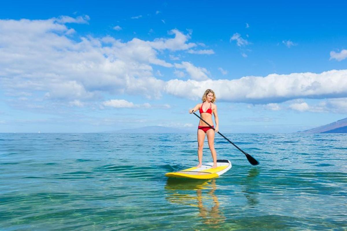 Una mujer parada sobre una tabla de remo en el agua