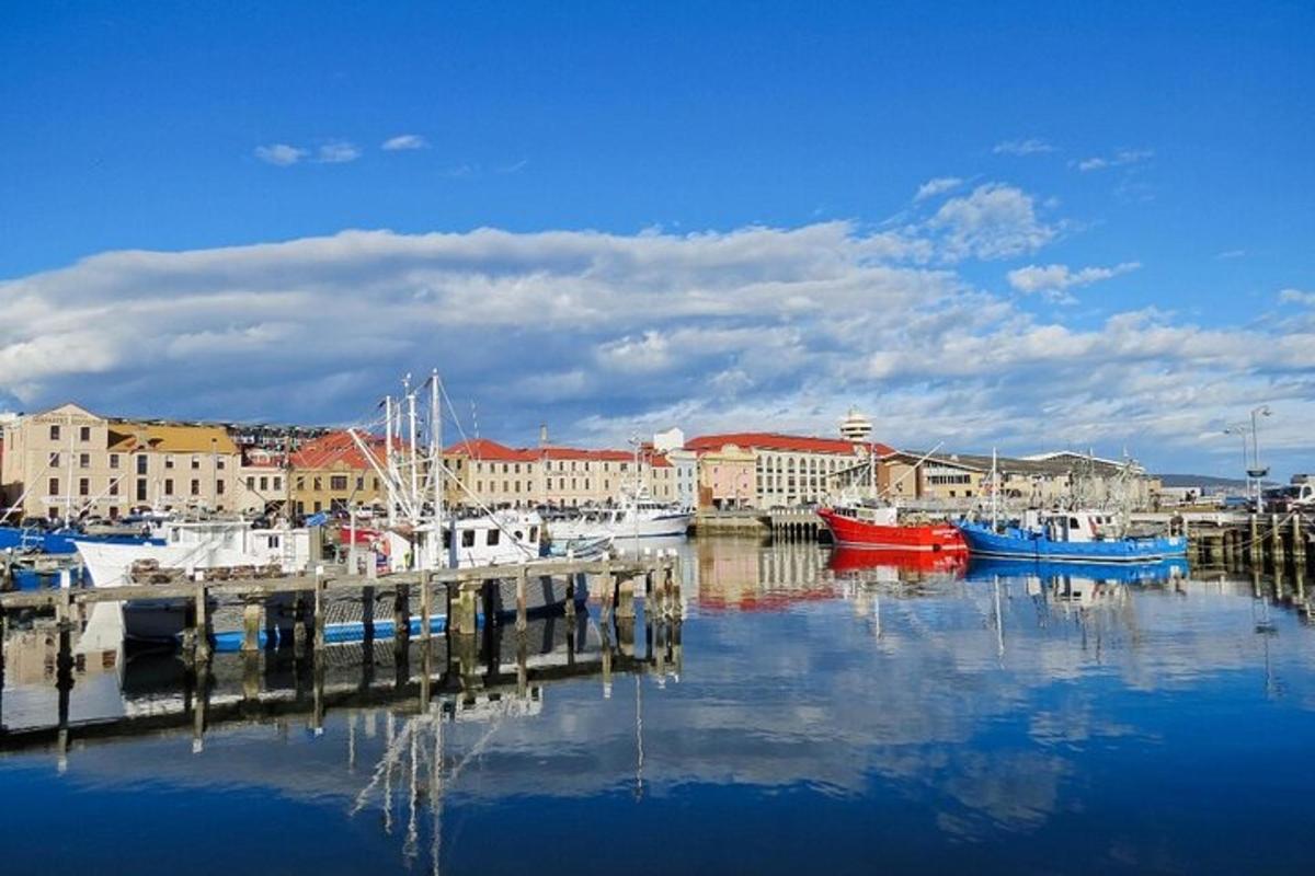 un gruppo di barche attraccate in un porto con edifici