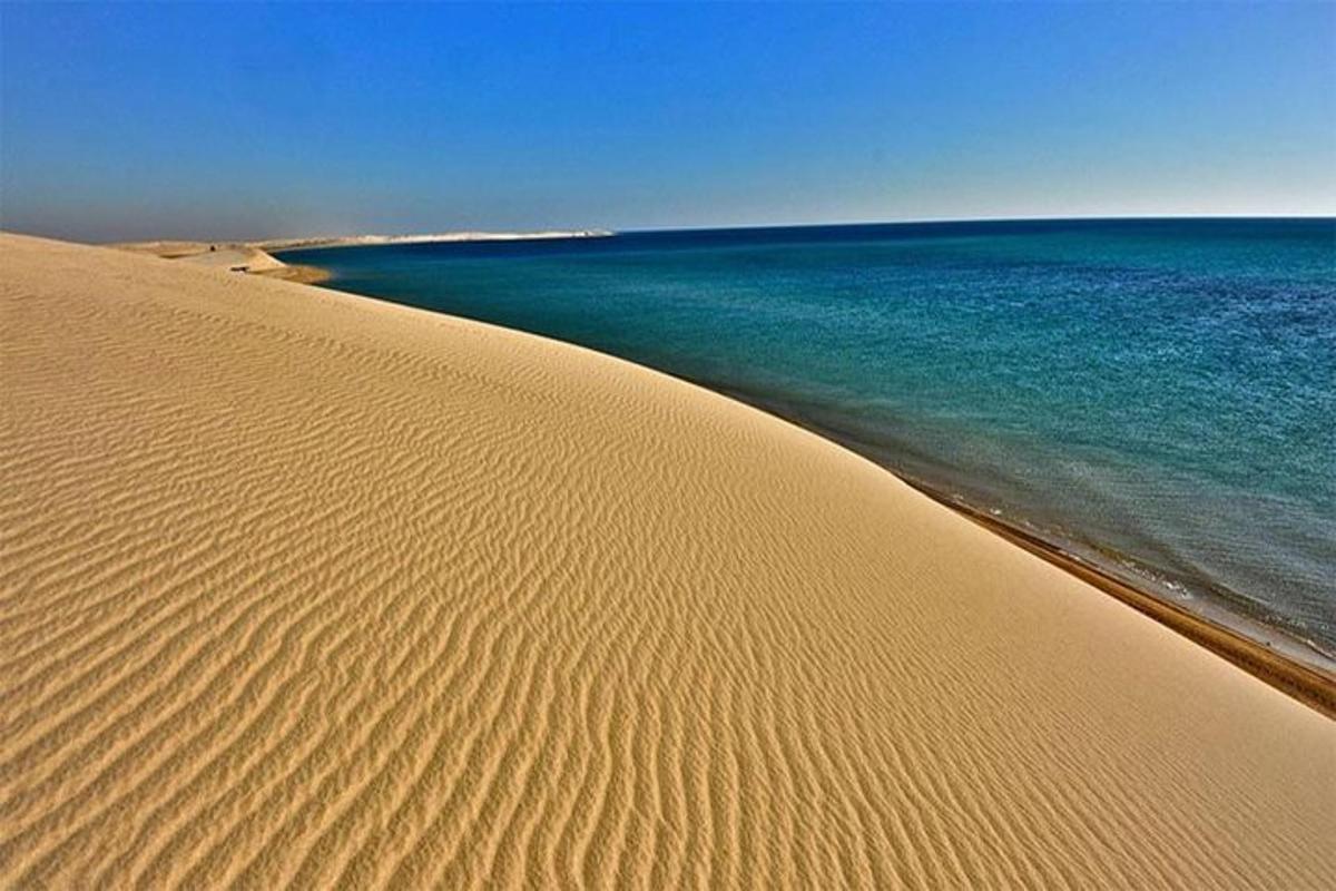 a sandy beach with the ocean in the background