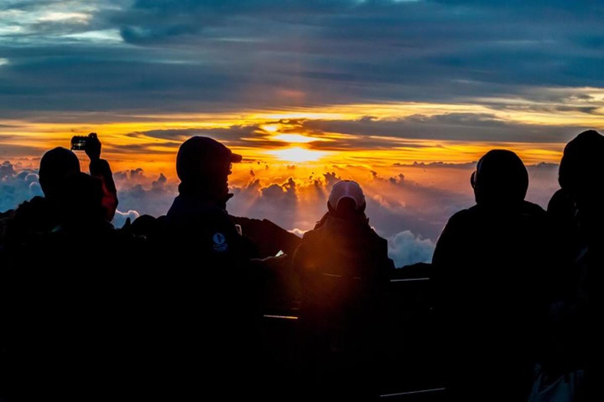 a group of people taking a picture of the sunset