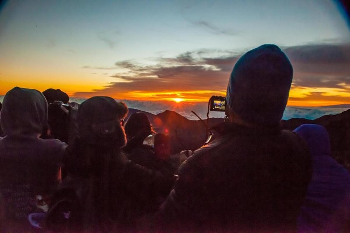 a group of people looking at the sunset