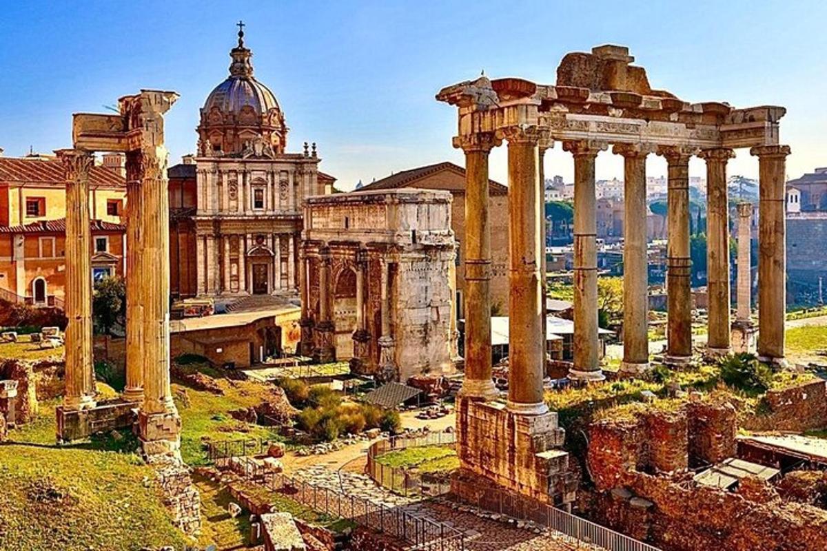 a view of a building with columns and a church