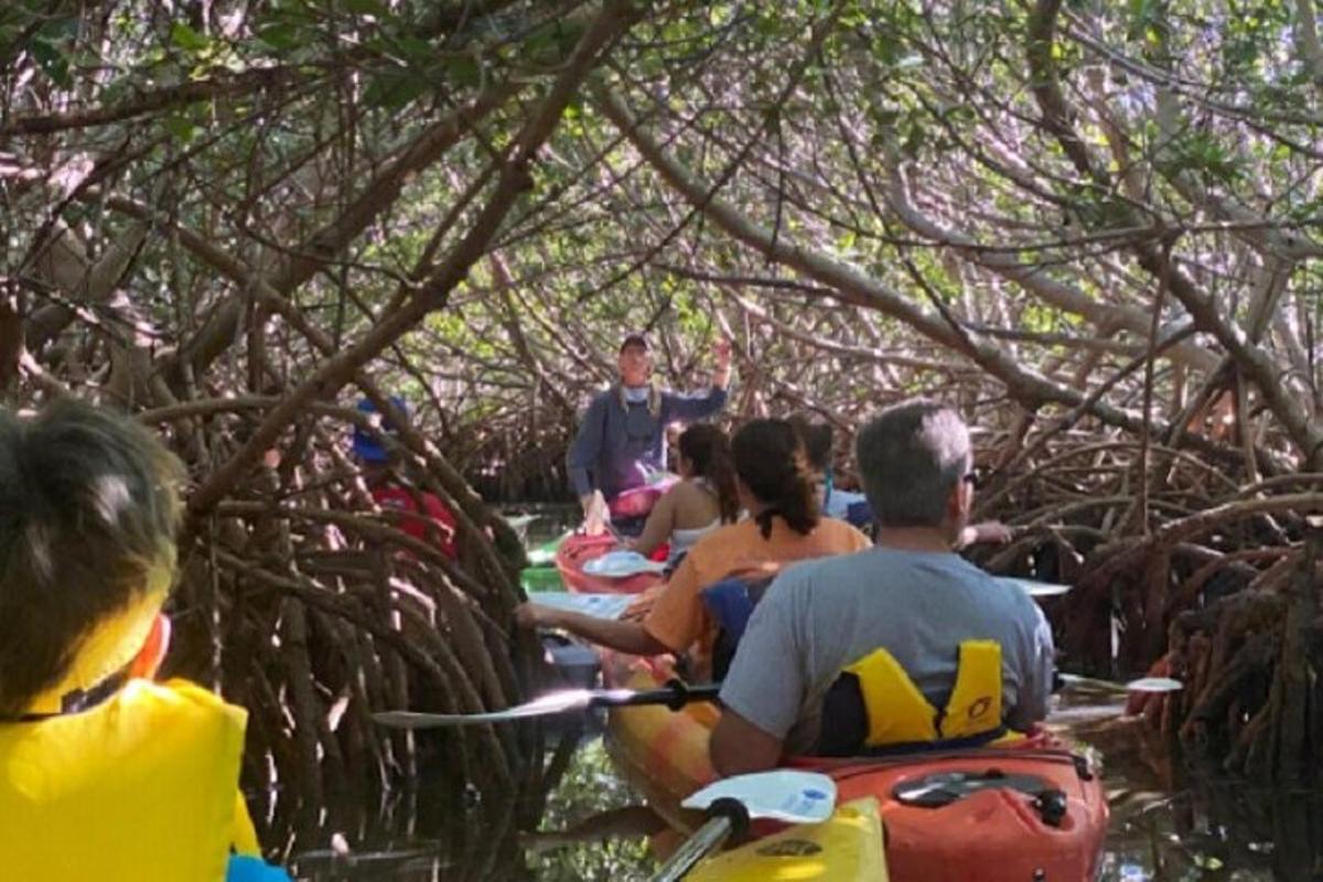 eine Gruppe von Menschen, die auf einem Floß im Wald fahren