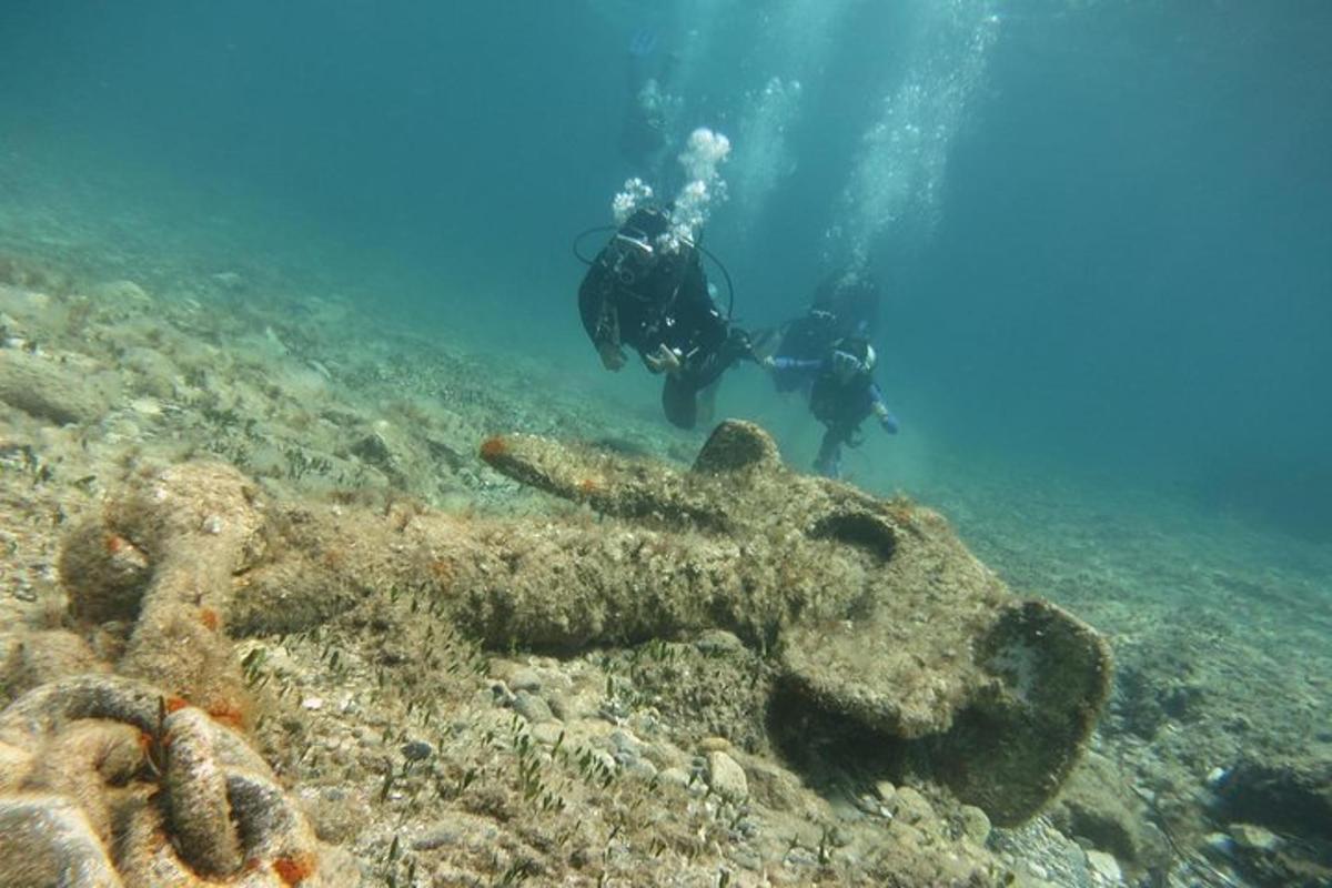 two people scuba diving over a coral reef