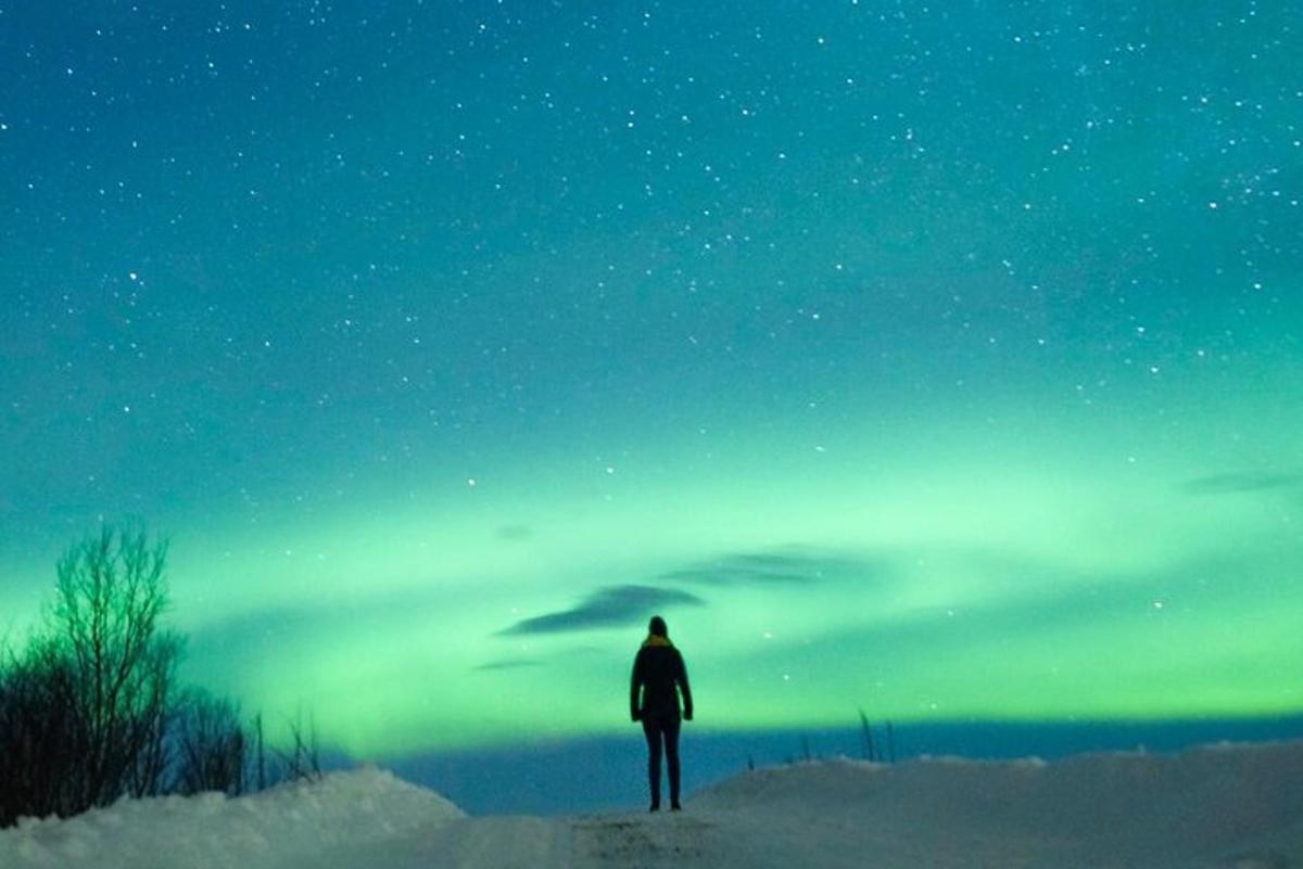 una persona in piedi nella neve sotto un cielo notturno