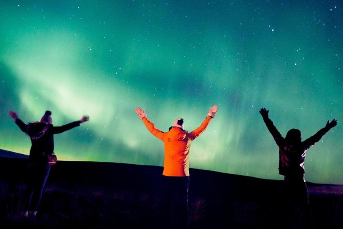 um grupo de pessoas em pé com os braços levantados observando a aurora boreal