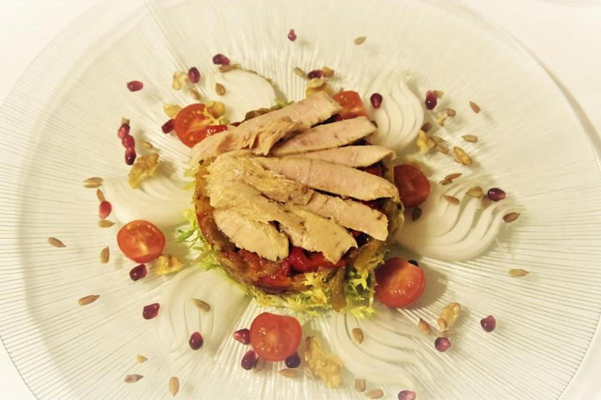 a white plate with a dessert with chicken on it