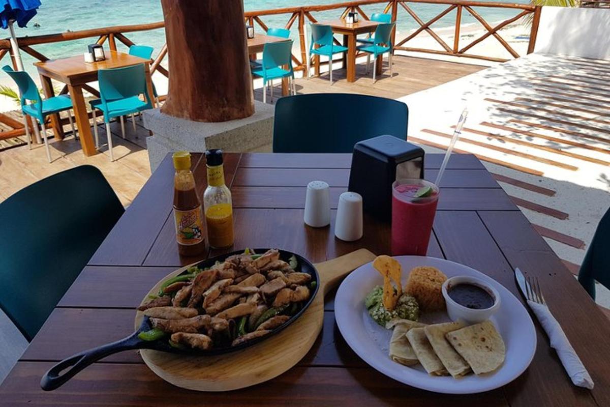 a wooden table with a plate of food on it
