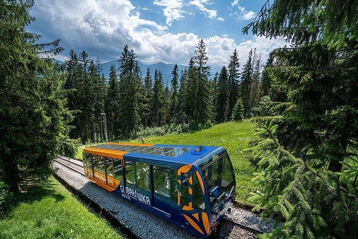 a blue and orange train traveling down the tracks