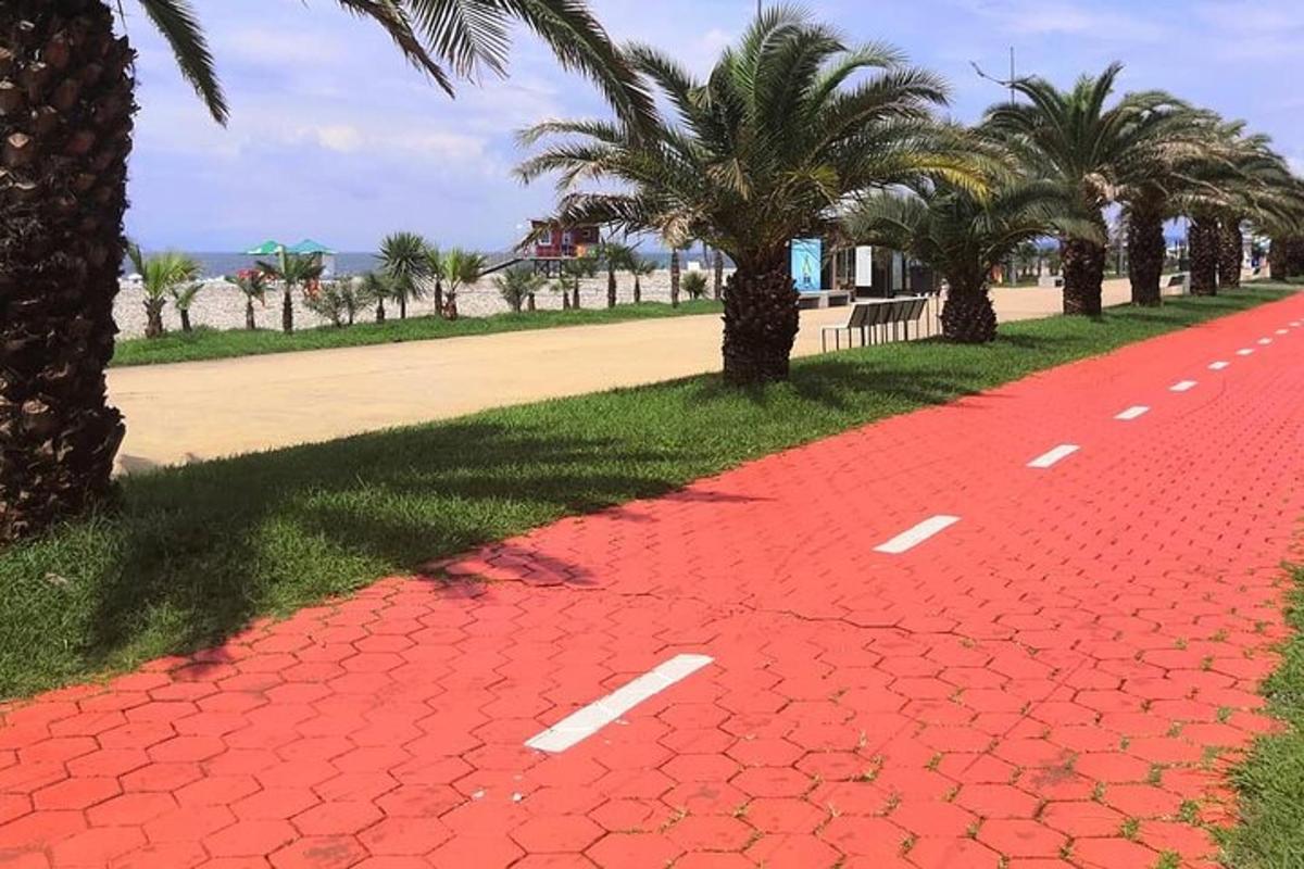 a red road with palm trees on the side of a road