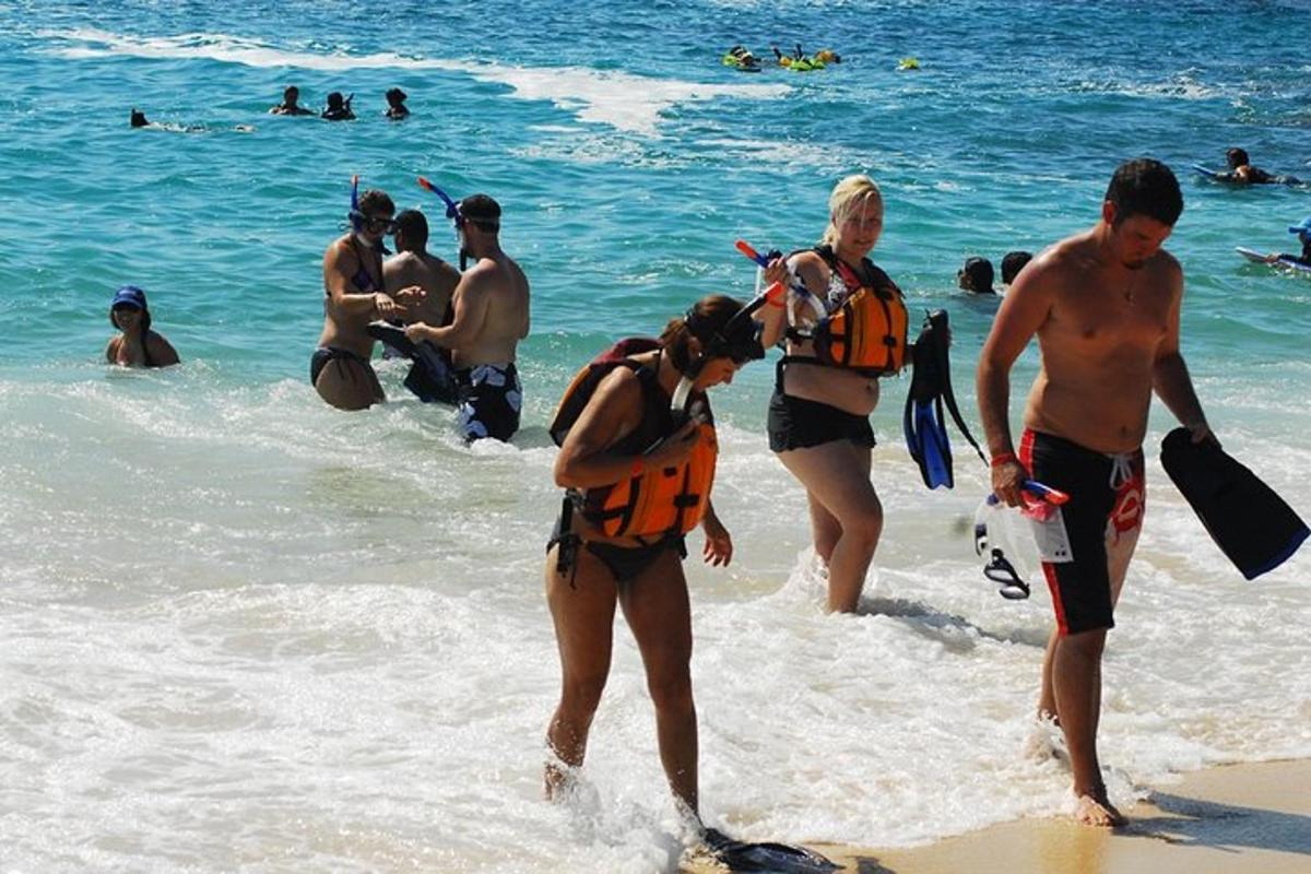 a group of people standing in the water at the beach