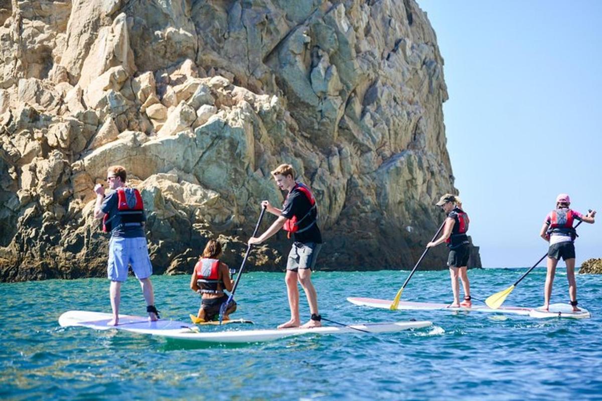 Un grupo de personas en tablas de paddle surf en el agua