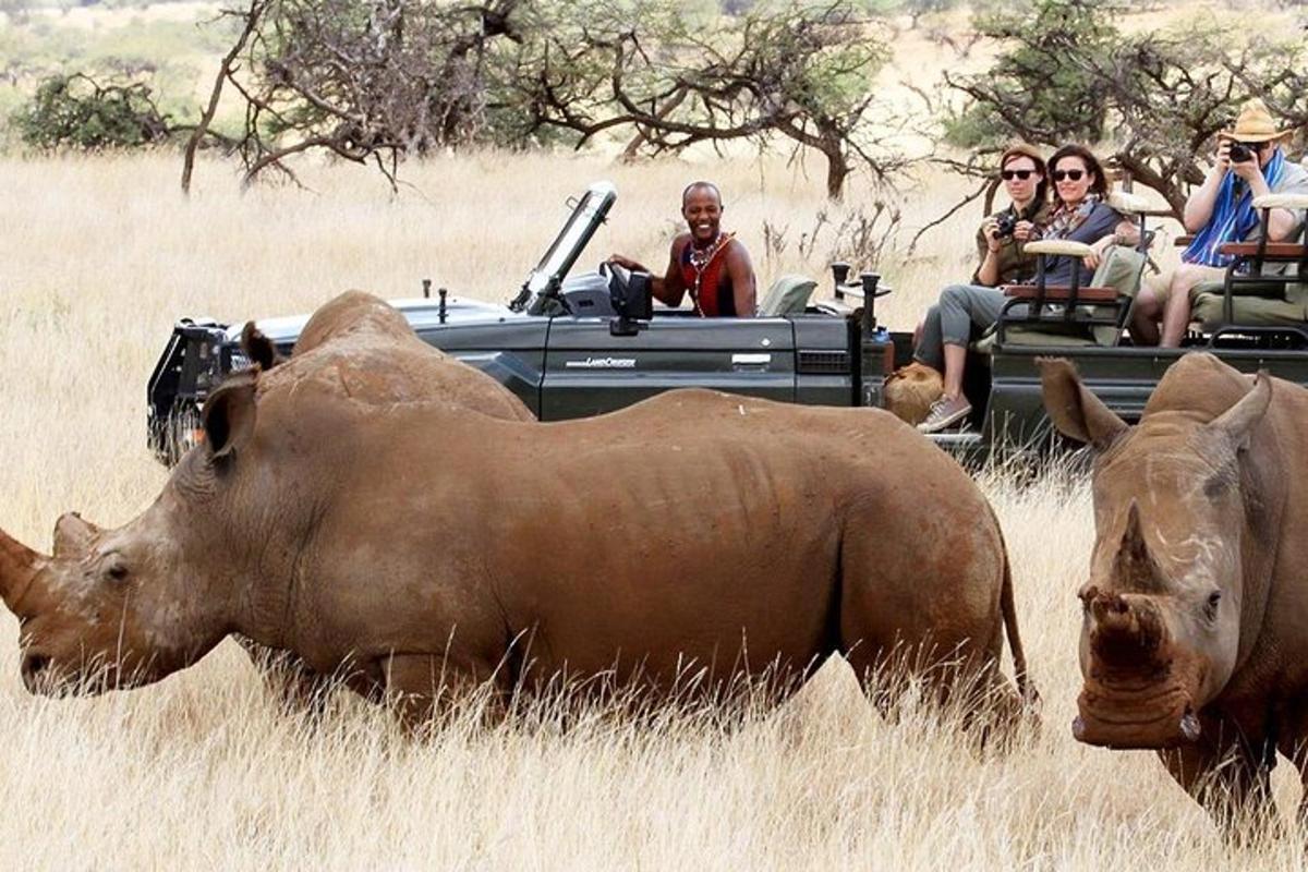 a group of people riding in a safari vehicle