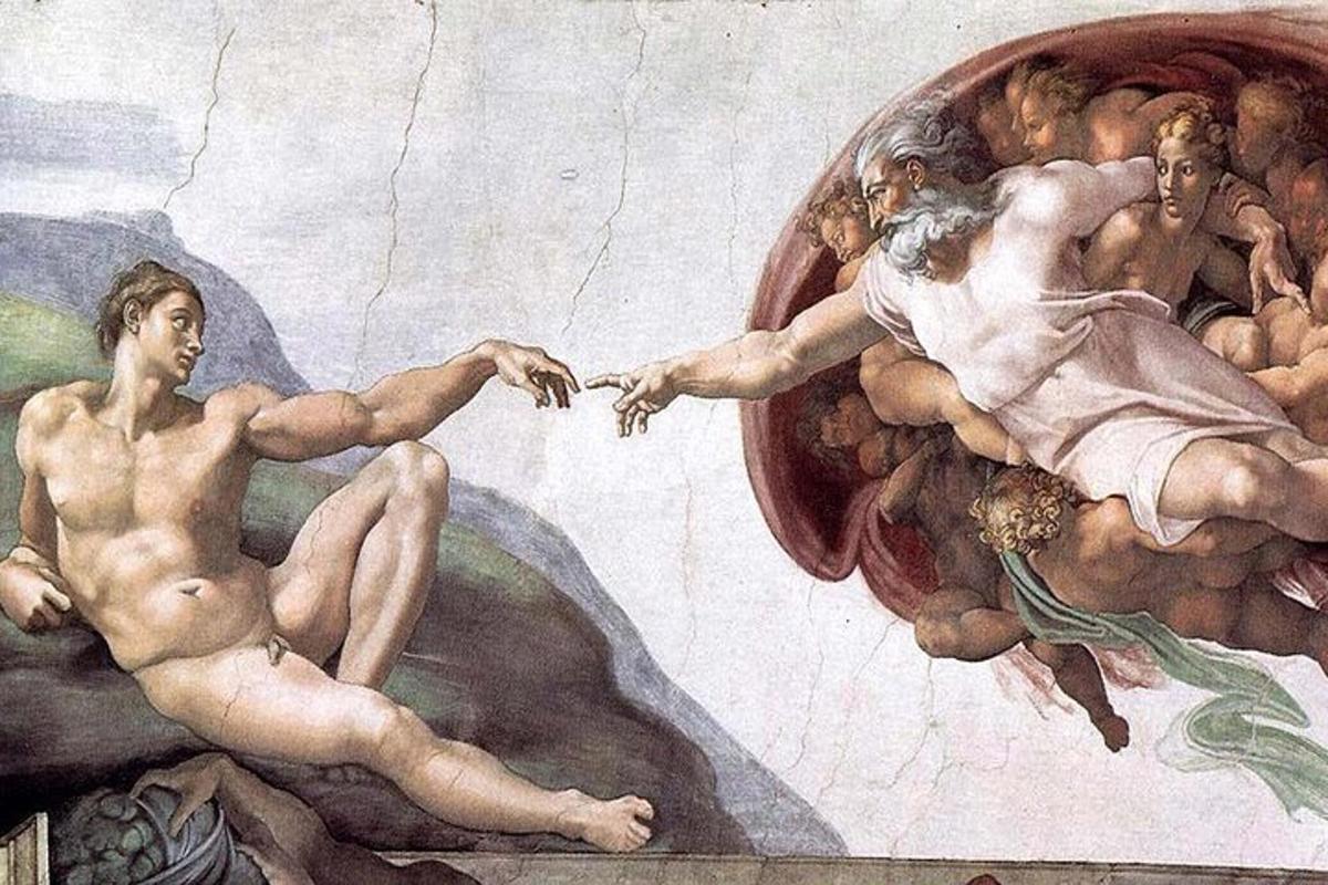 a painting of two men on a wall