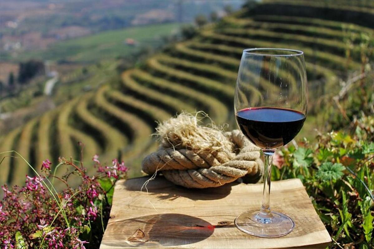 un bicchiere di vino seduto su un tavolo con un vigneto