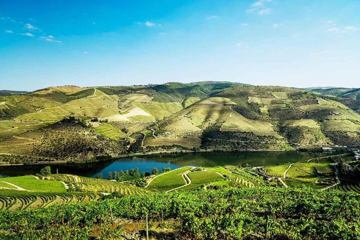 una vista di una montagna con un lago al suo interno
