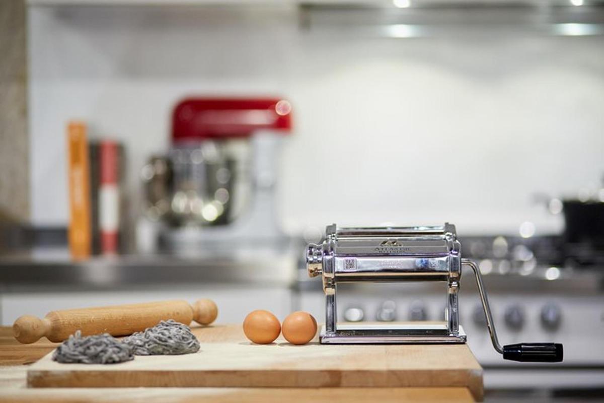 a kitchen counter with a toaster and eggs on a cutting board