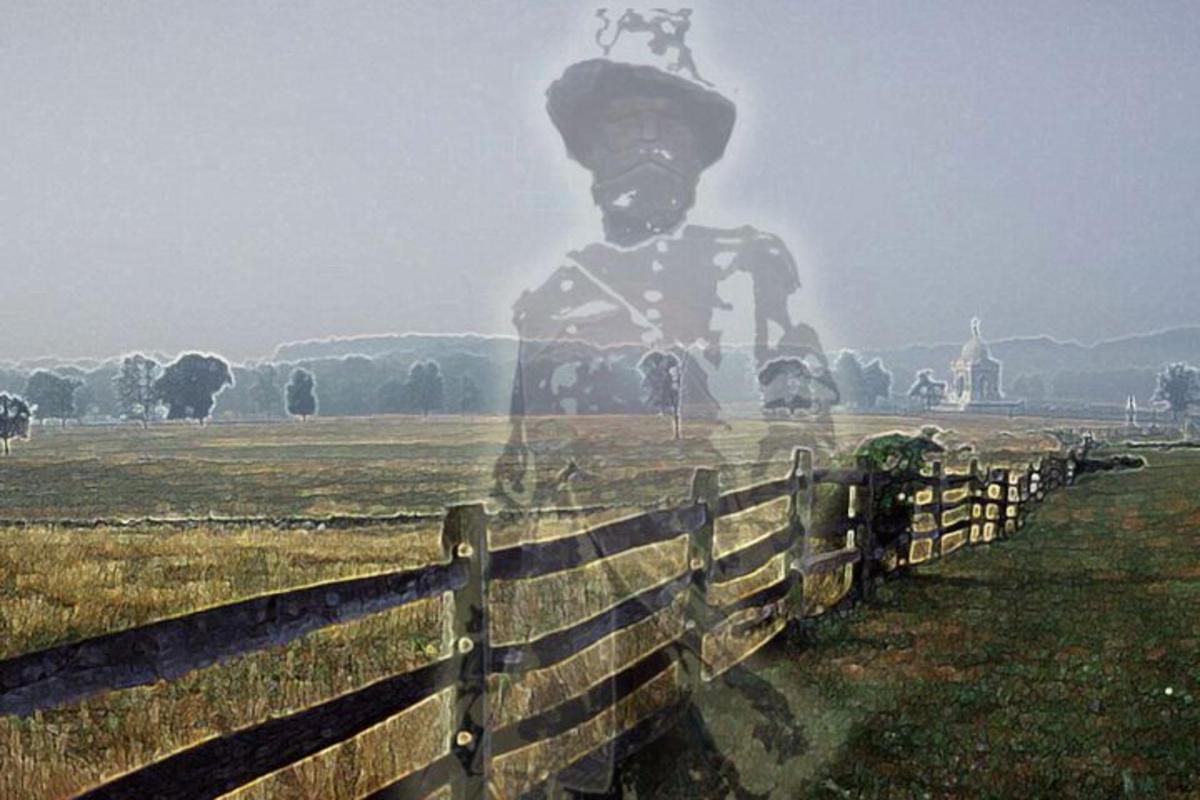 a statue of a soldier standing behind a fence