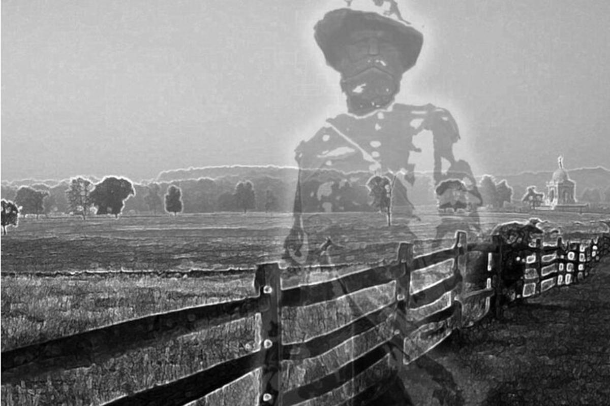 a statue of a soldier standing behind a fence
