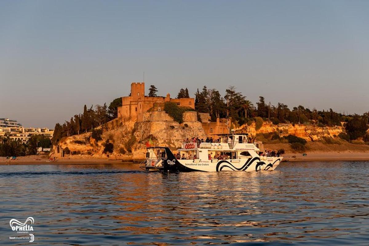 una barca in acqua con un castello sullo sfondo