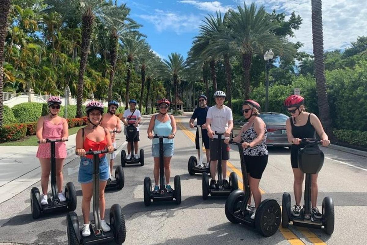 a group of people are riding on segways