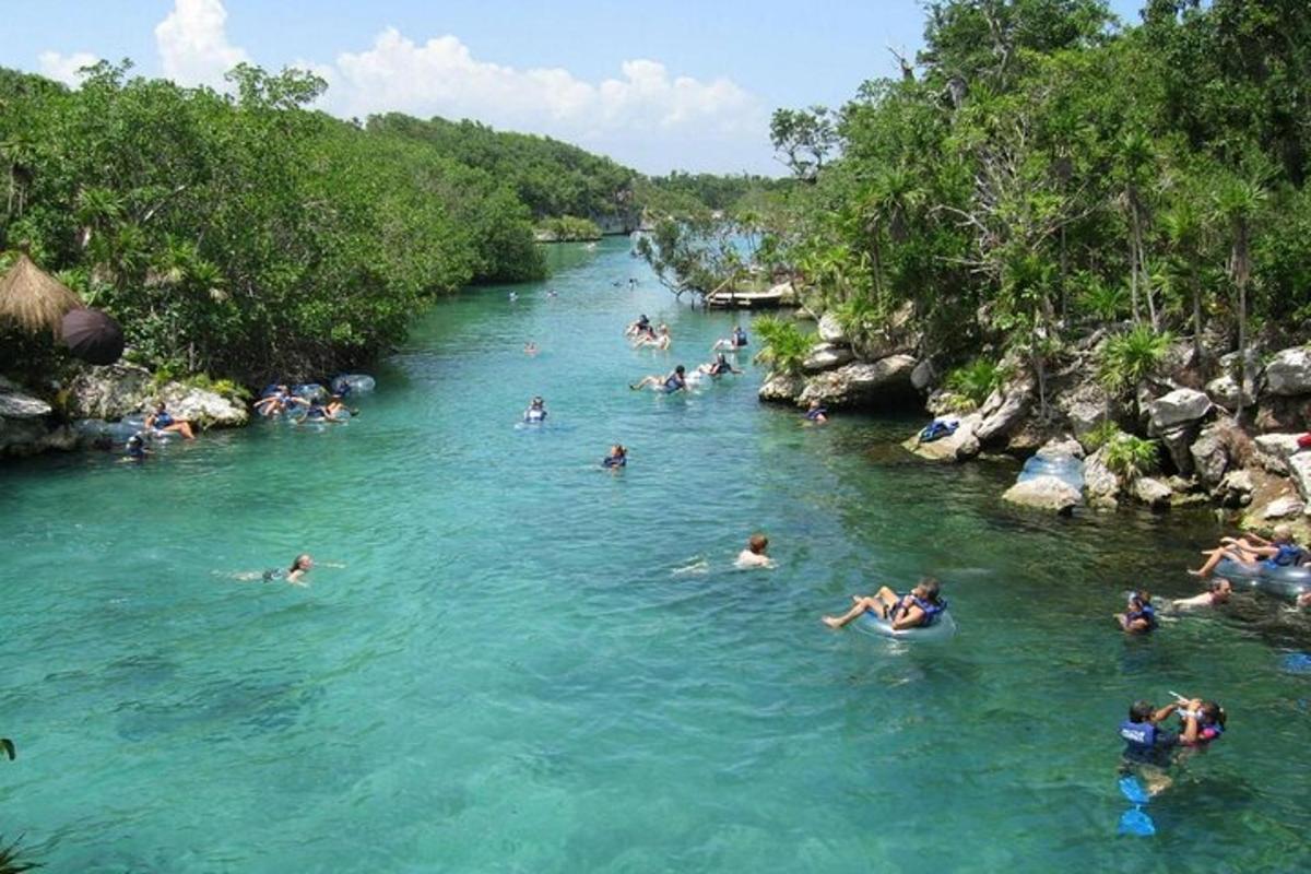 a group of people swimming in a river