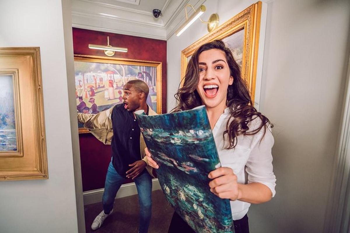 a woman holding a painting in front of a man