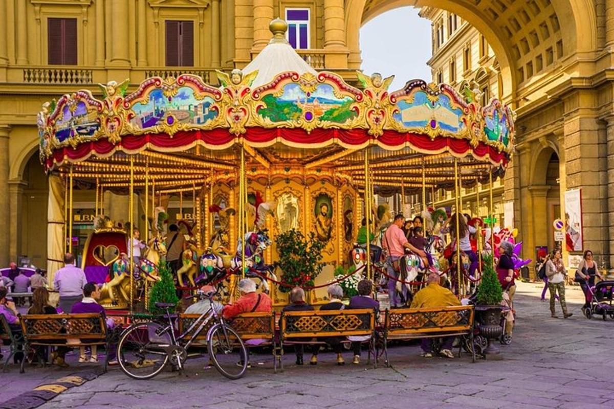 a group of people sitting on a carousel