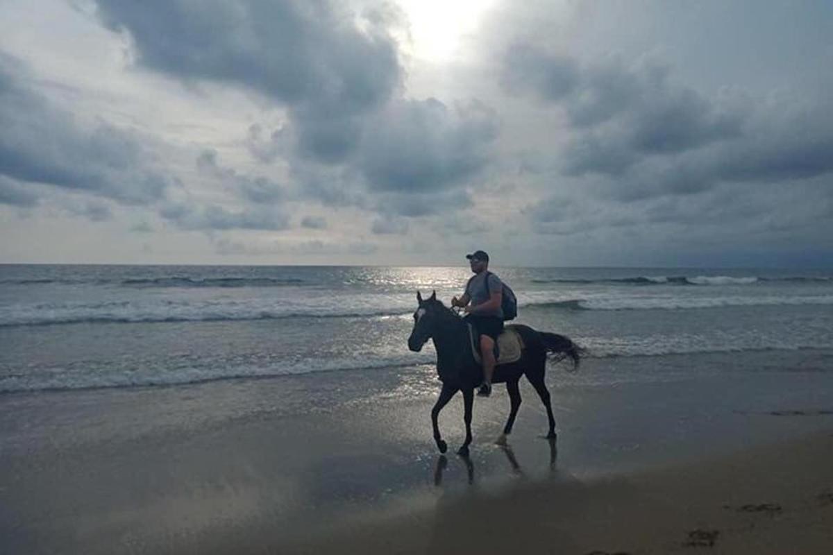 seseorang yang menunggang kuda di pantai
