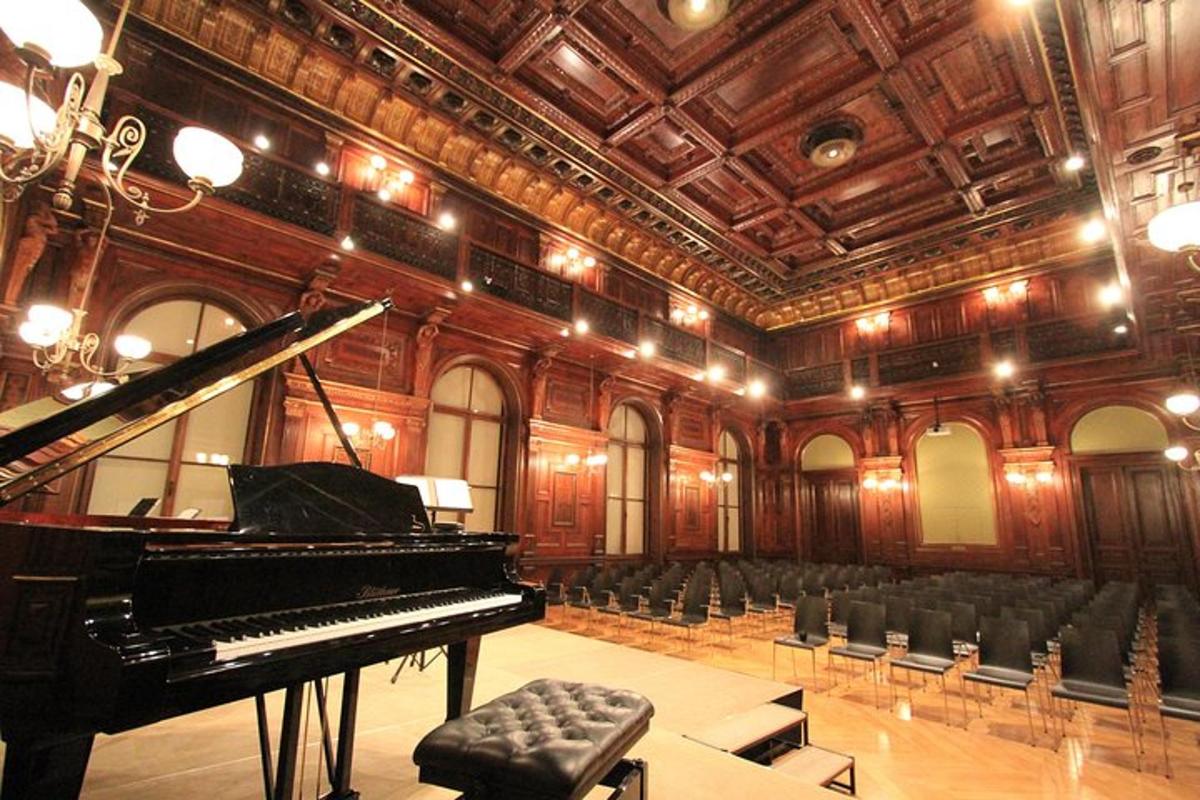 Un piano de cola en un gran auditorio con sillas.