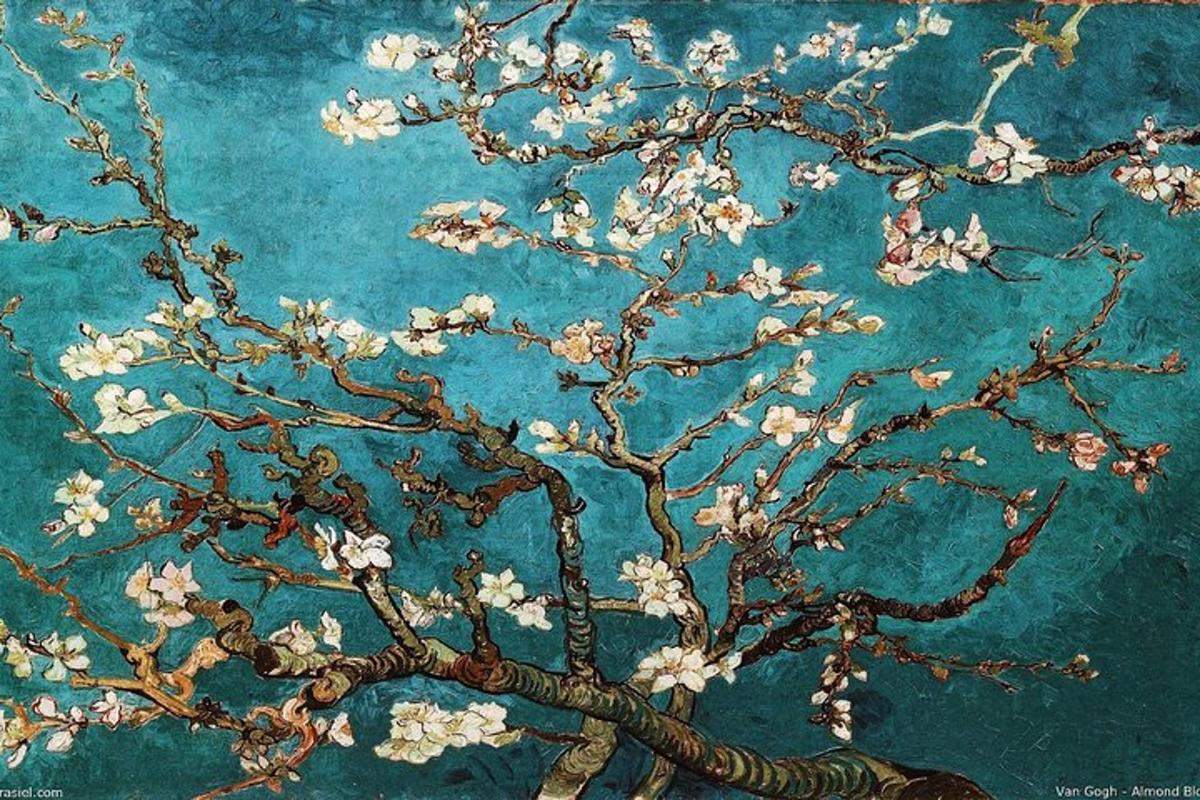 een schilderij van een boom met witte bloemen