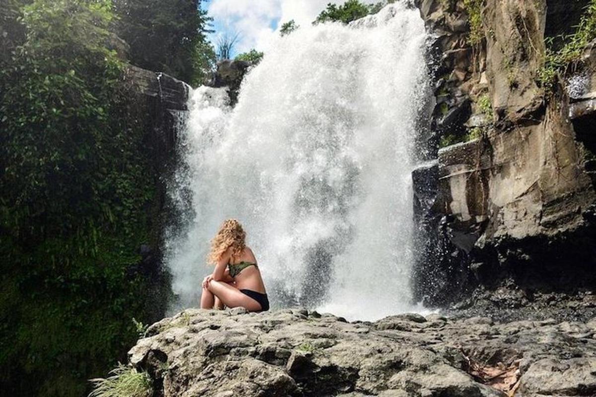 una donna seduta su una roccia di fronte a una cascata
