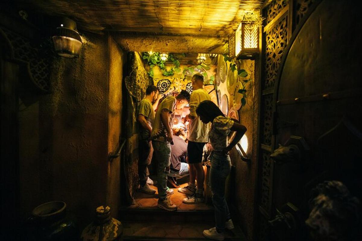 a group of people standing in a dark room
