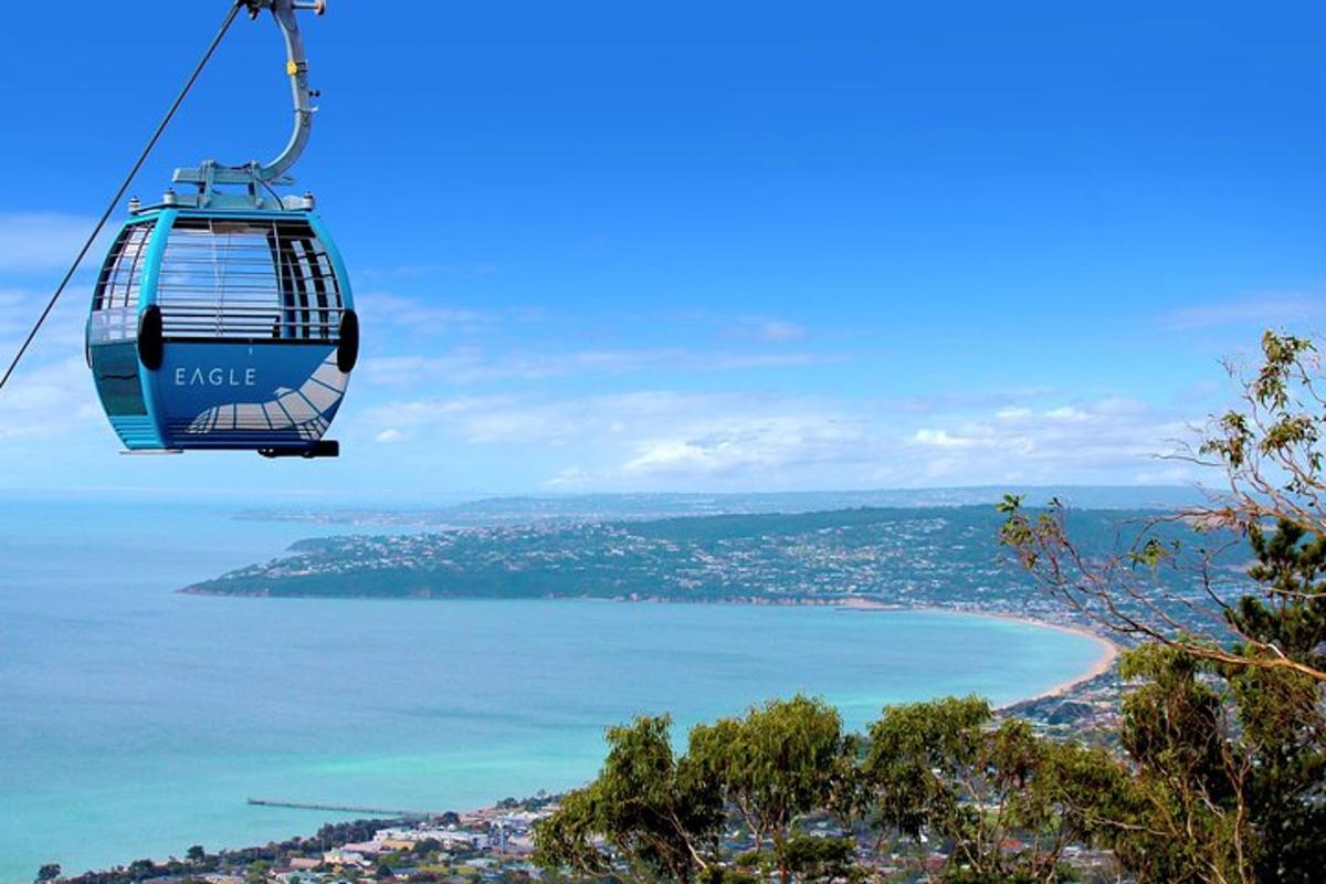 gondola letící nad pláží a oceánem