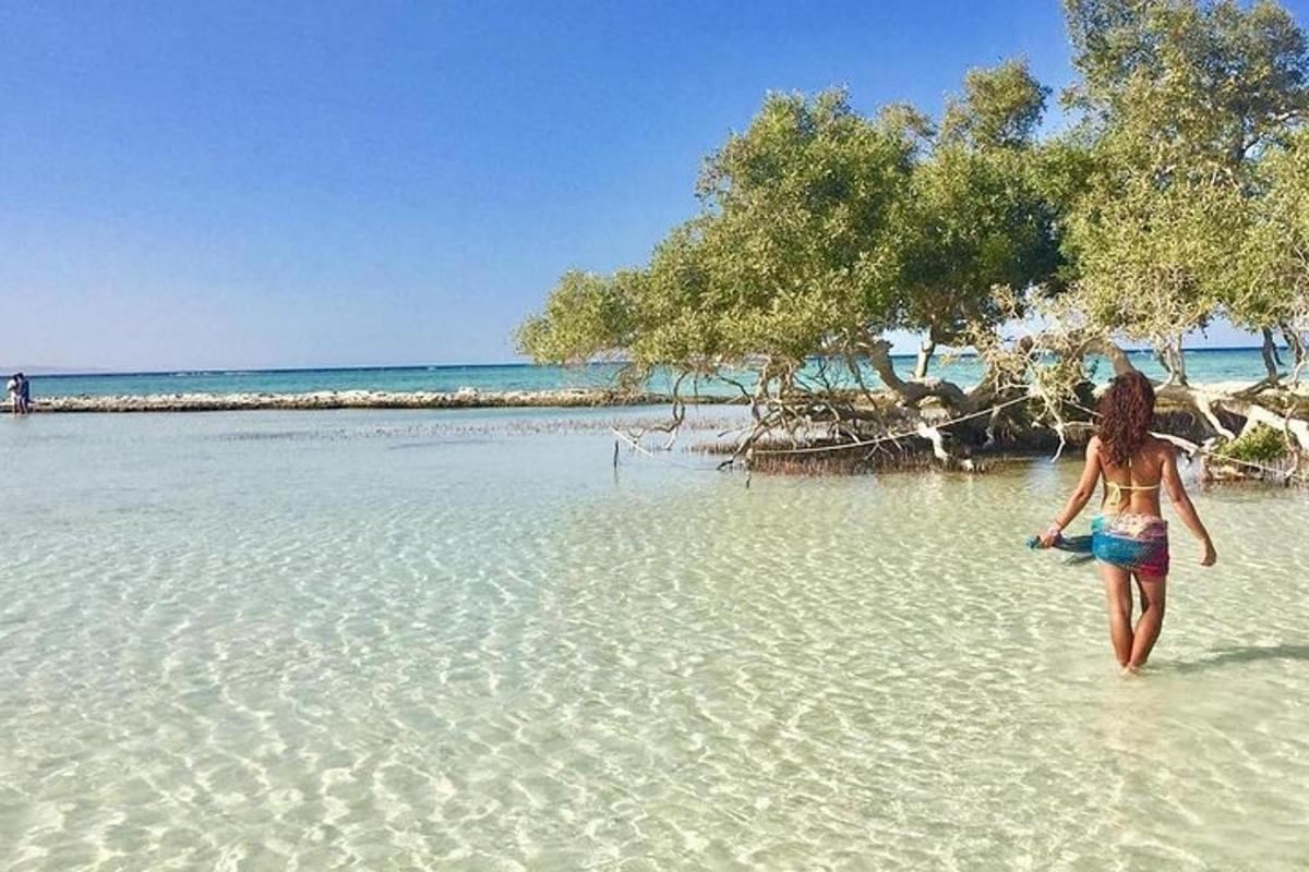 uma mulher caminhando na água em uma praia