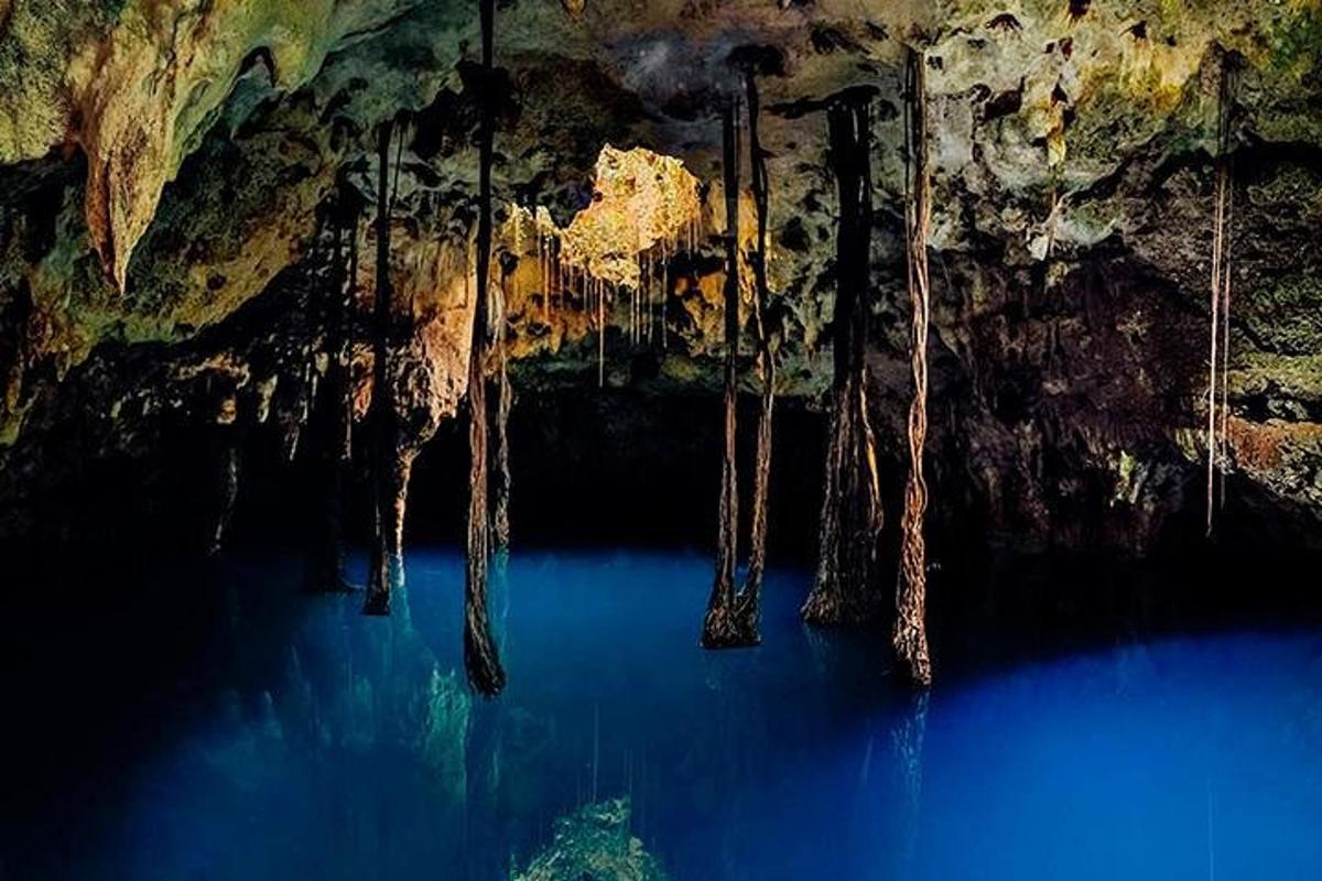 Una cueva con agua azul y víboras colgando en ella.