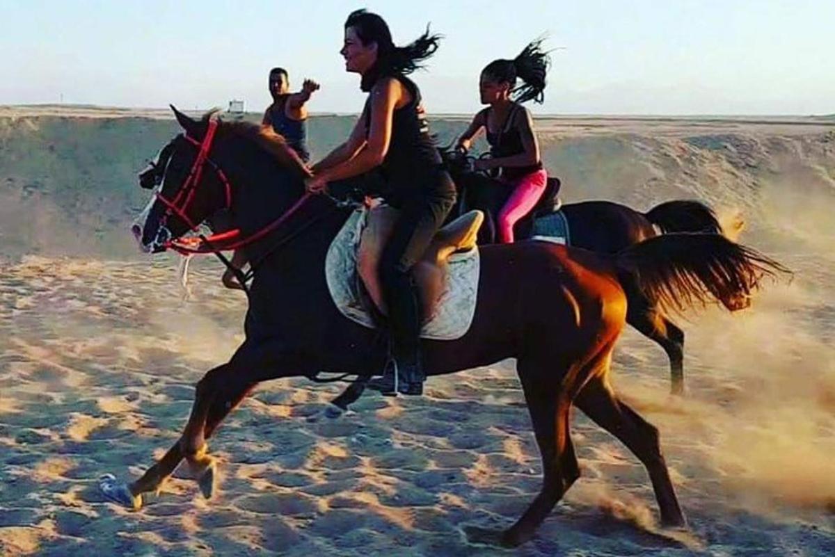 a group of people riding horses on the beach