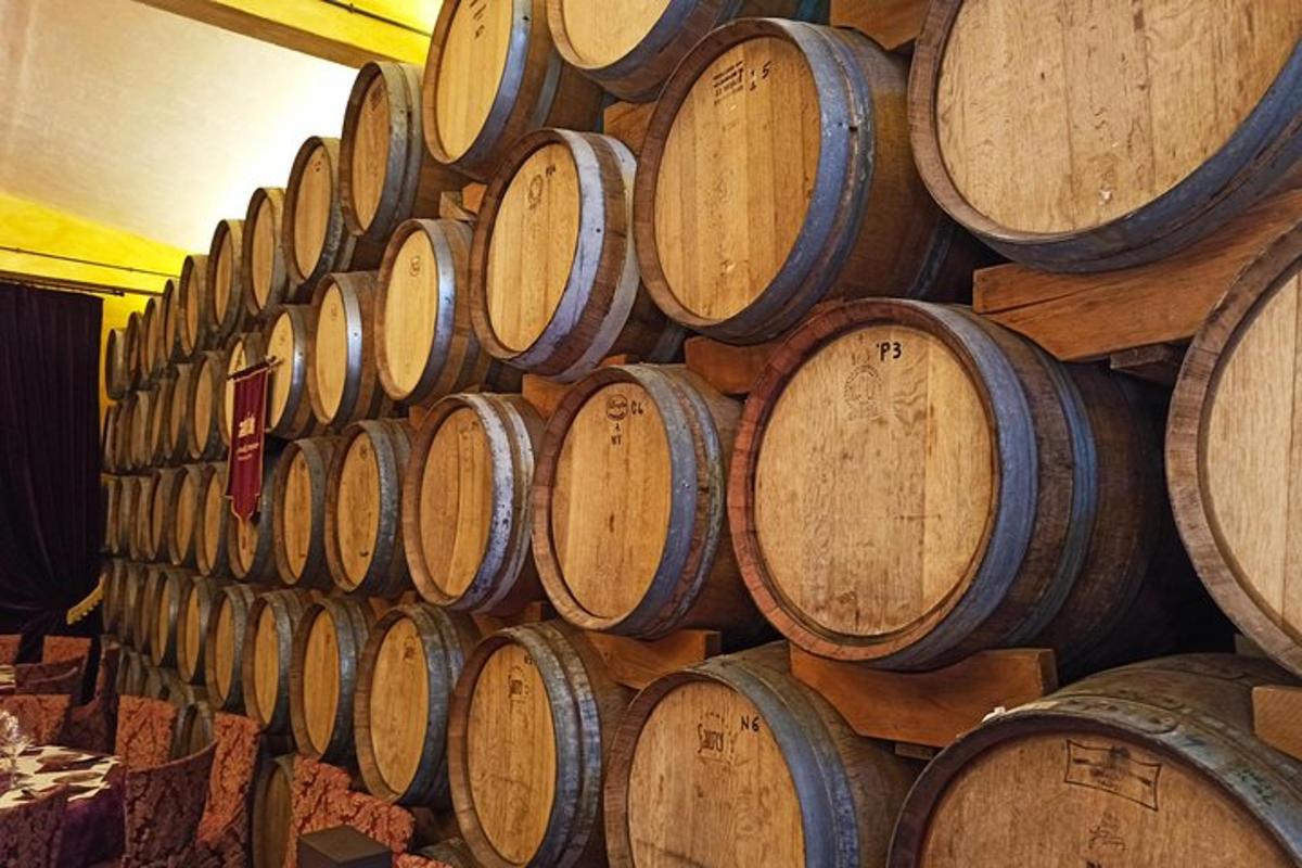 Un montón de barriles de vino apilados en una habitación.