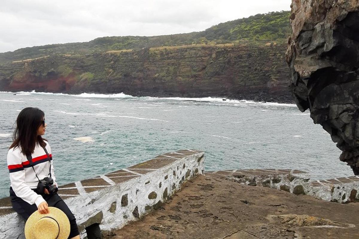 a woman standing on a stone wall looking at the ocean