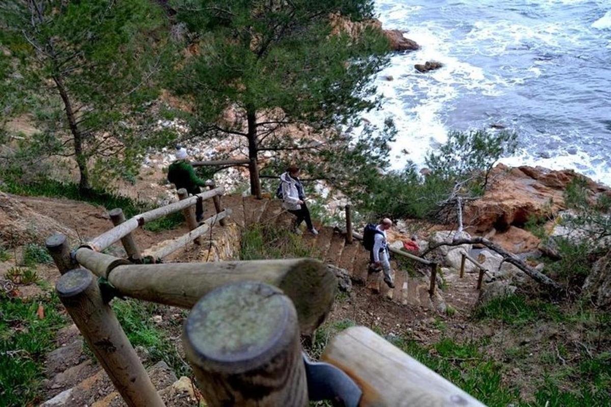 Un grupo de personas caminando por una colina cerca del océano.