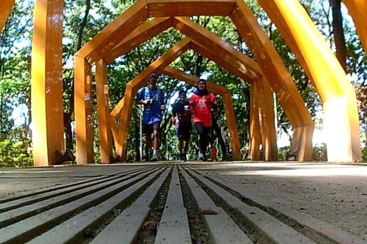 two people are standing on a wooden bridge