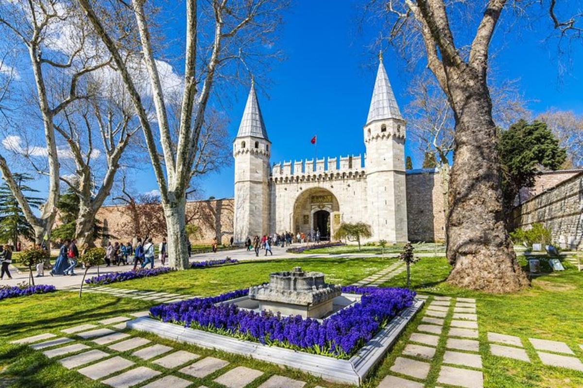 mor çiçeklerle dolu bir parkta çeşmeli bir bina