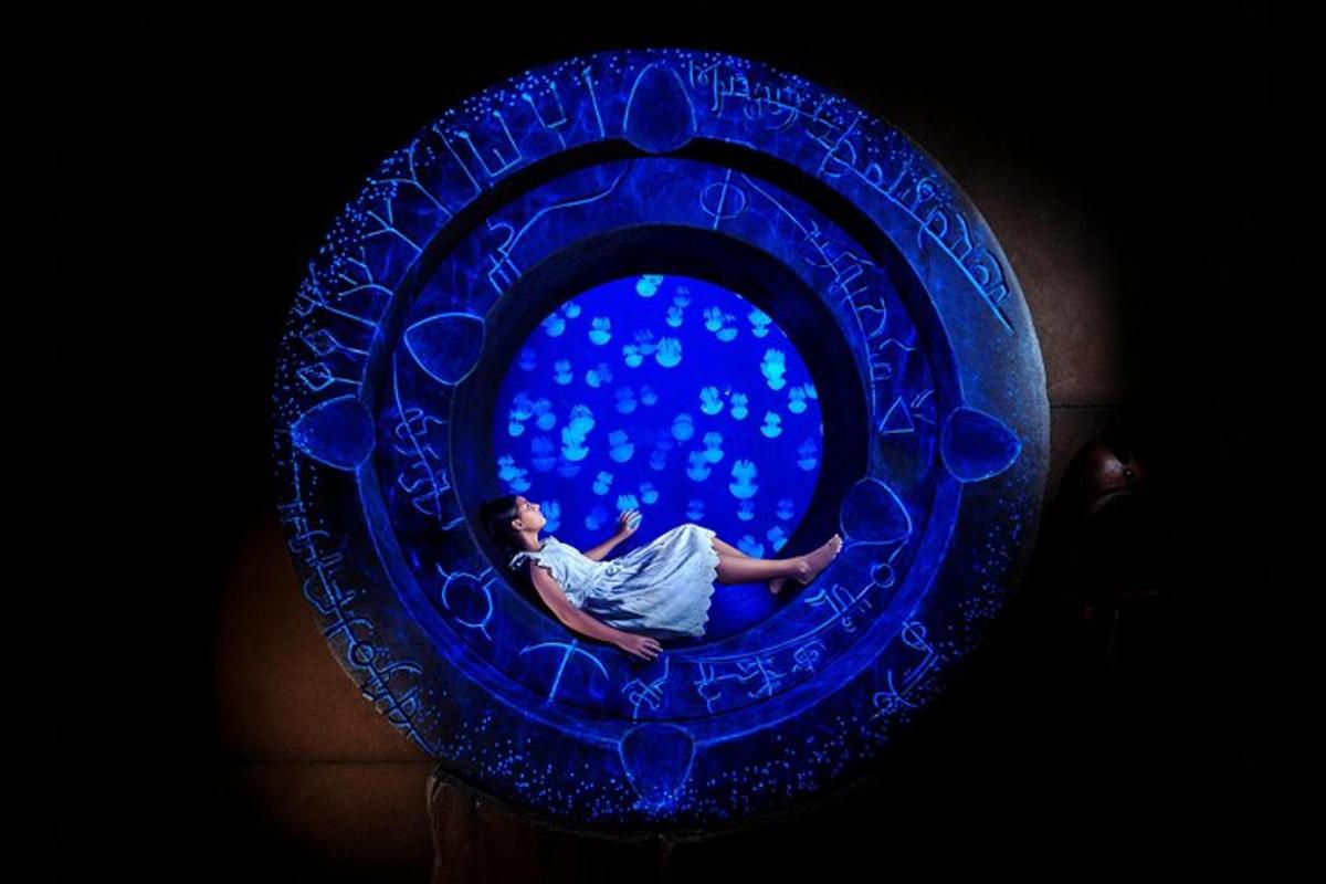 a woman is sitting in a blue glass window