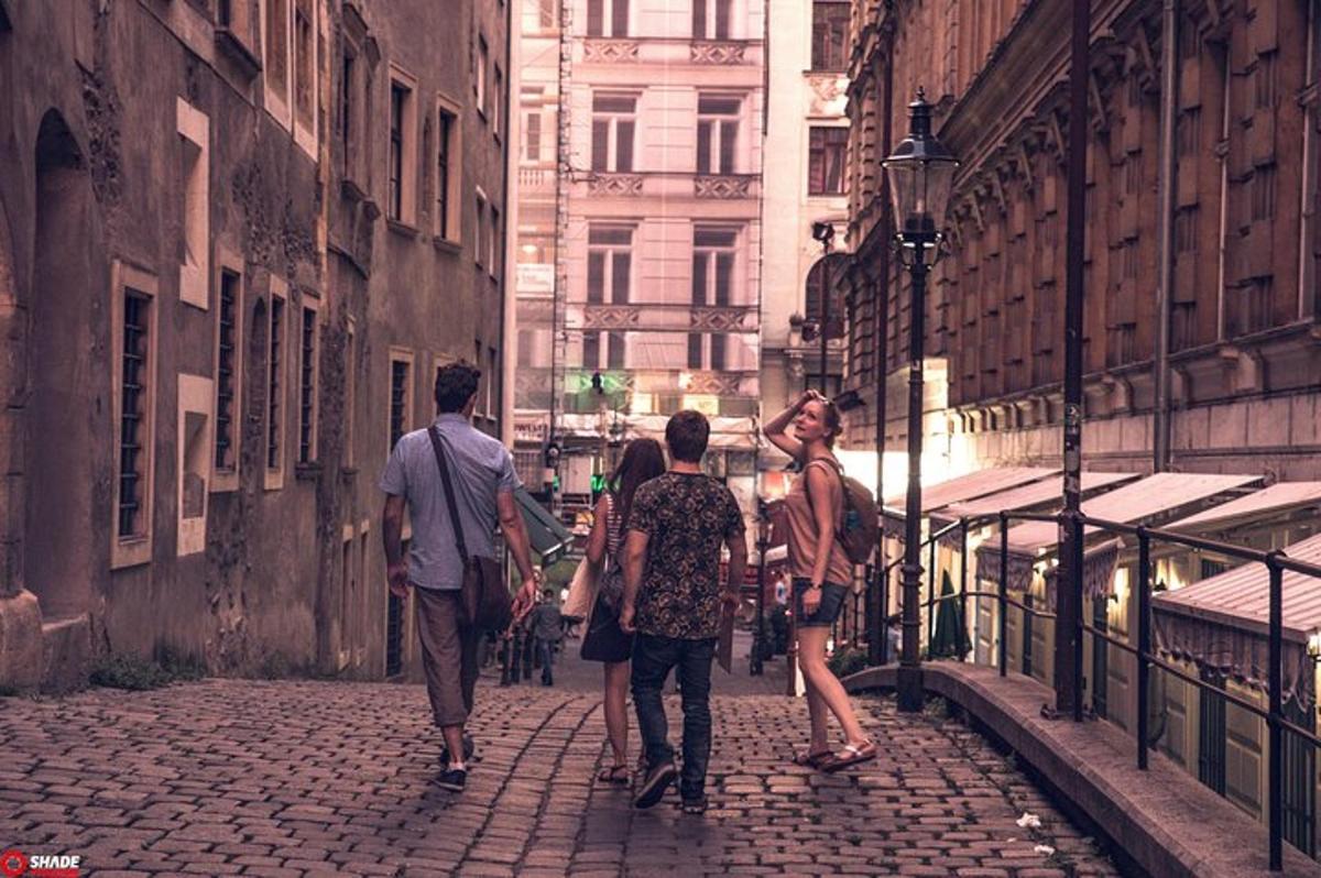a group of people walking down a street