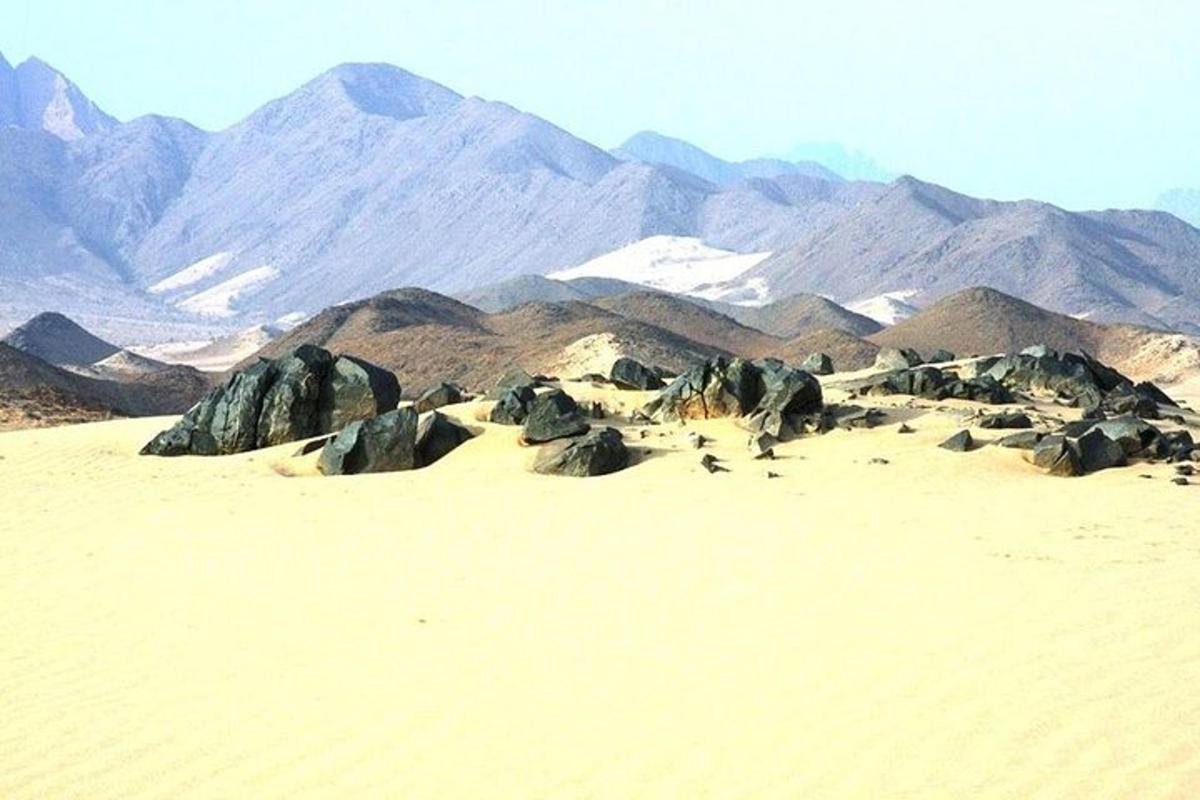 un deserto con rocce e montagne sullo sfondo