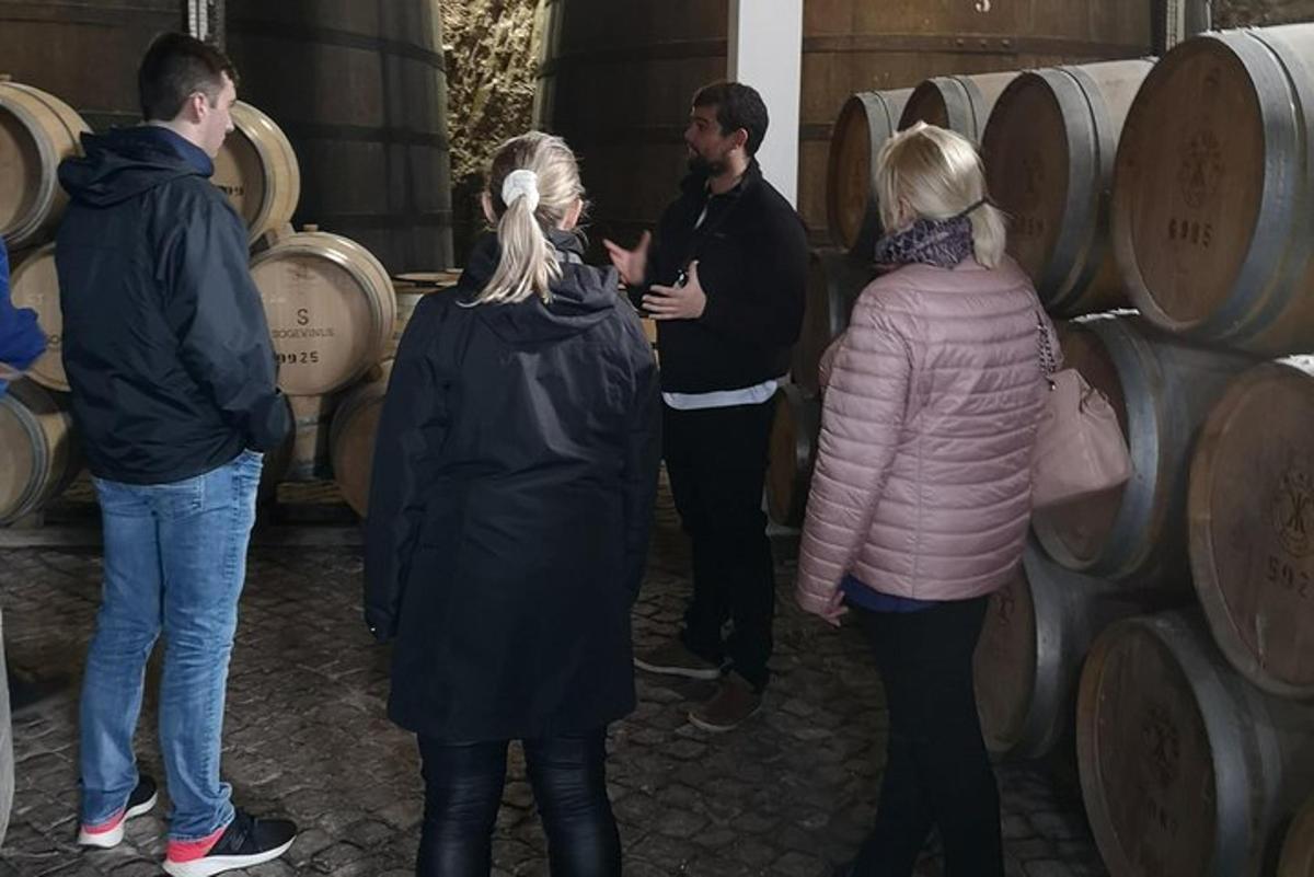 a group of people standing around in a wine cellar