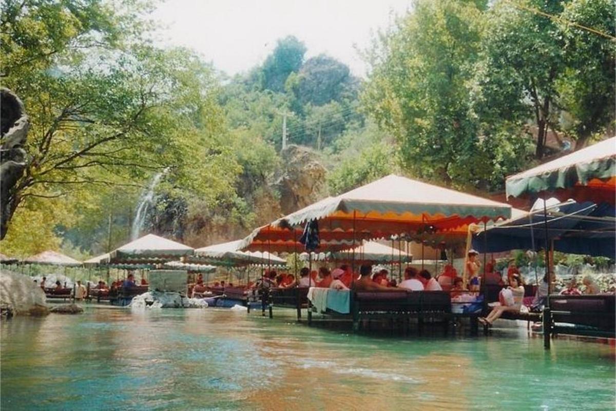 sekelompok orang yang duduk di meja di sungai